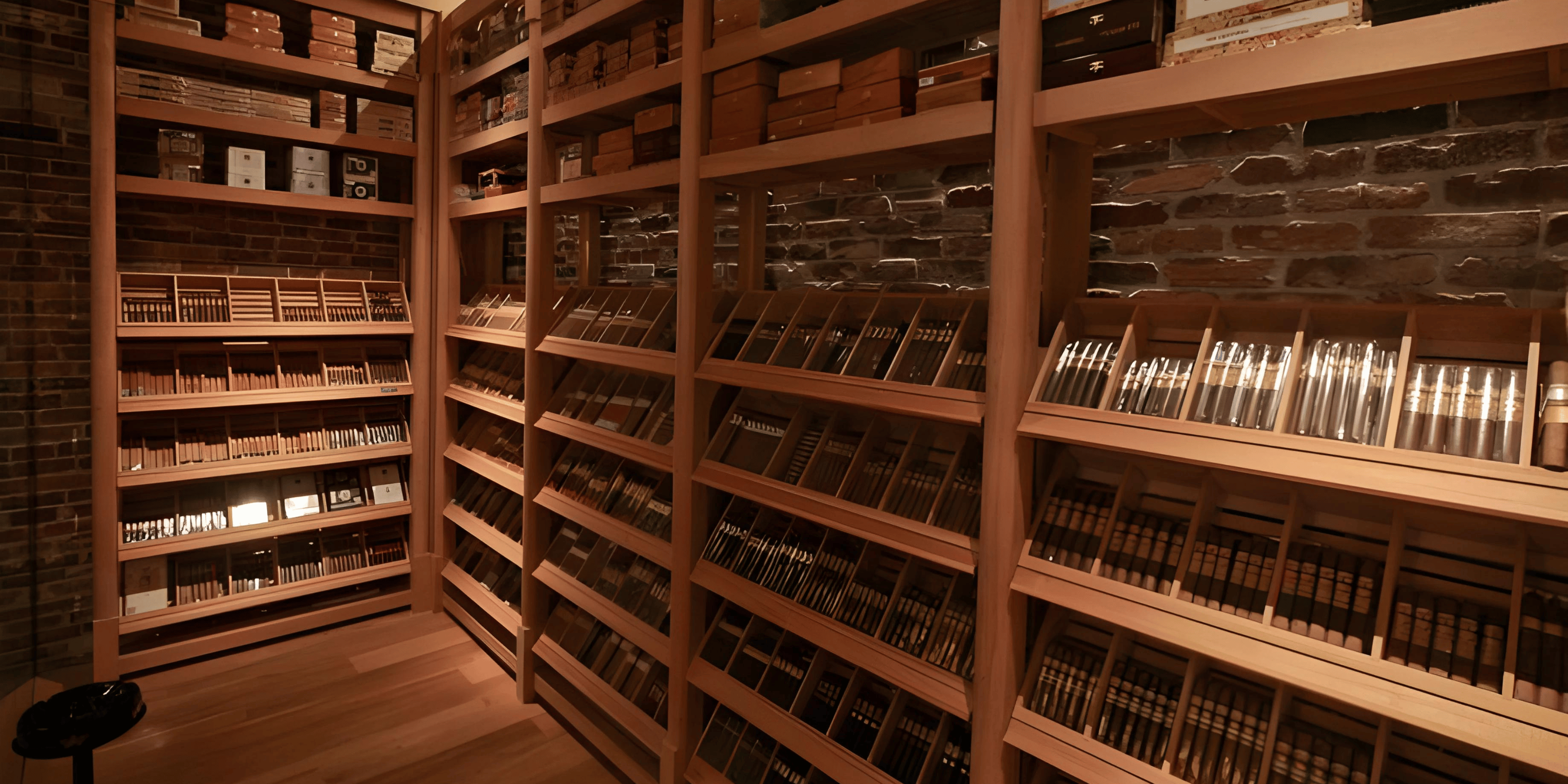 Cedar-lined humidor shelves with premium cigars — controlled humidity, quiet craft