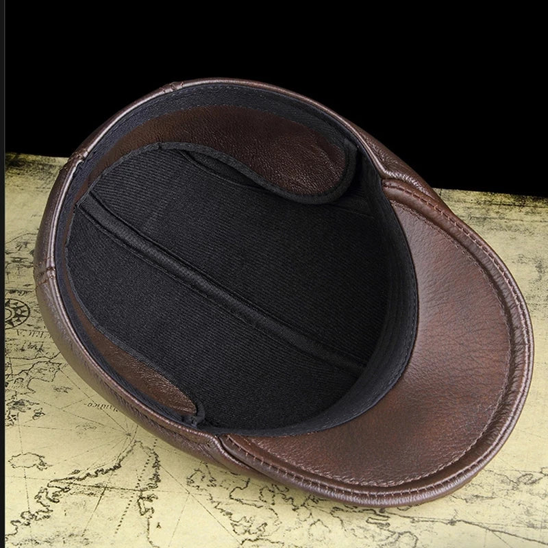 Leather Flat Cap - Cowhide Earflap - Corletaria