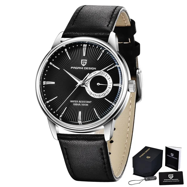 business outfit with tailored blazer and black leather strap watch on male wrist