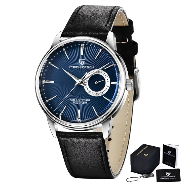 business outfit with tailored blazer and black leather strap watch on male wrist