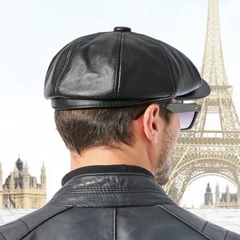 Genuine Cowhide Newsboy Cap - Octagonal Black Leather - Corletaria