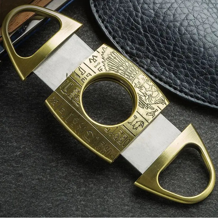 Lubinski double-blade cigar cutter in antique brass and silver finishes