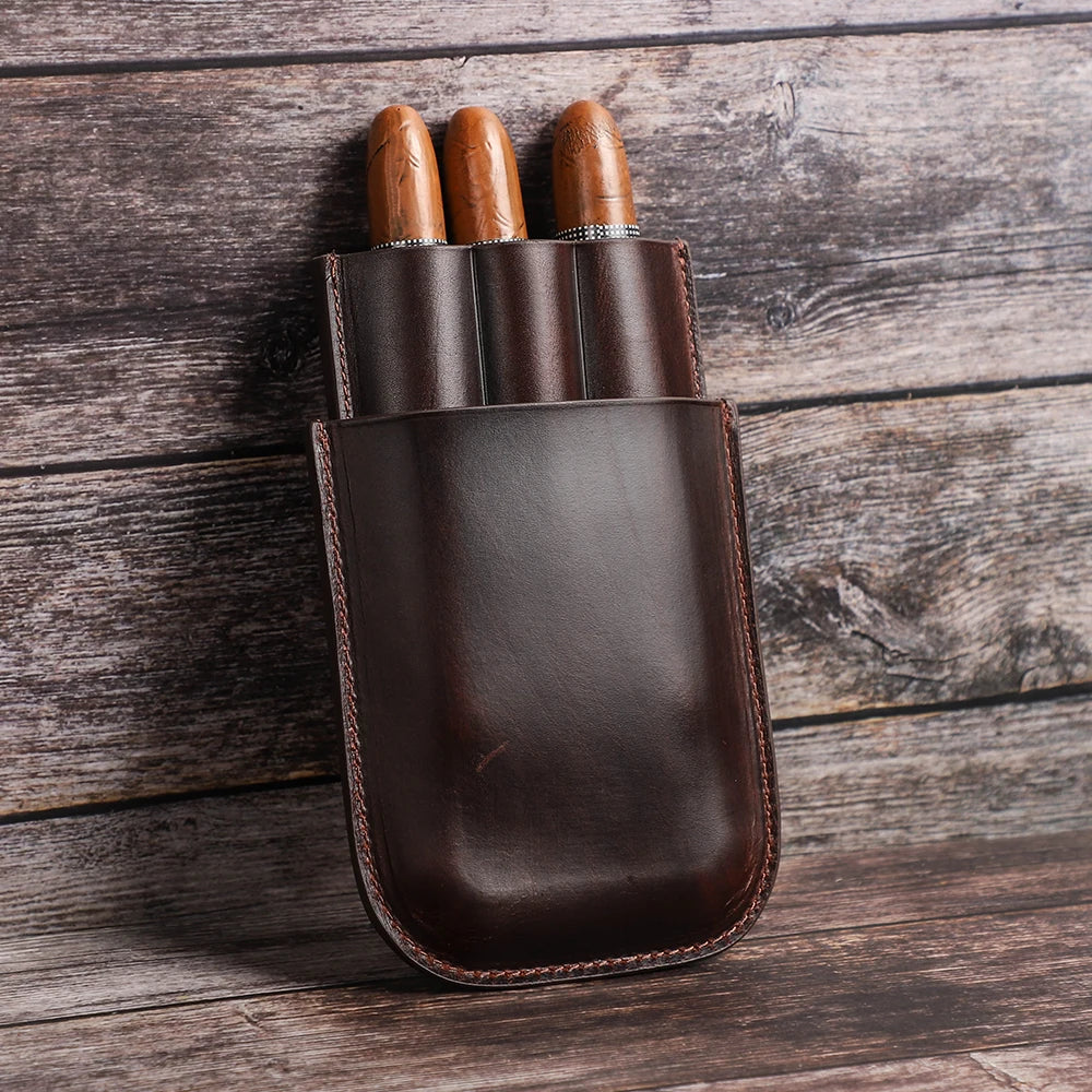 close-up of brown cowhide cigar case with three slots