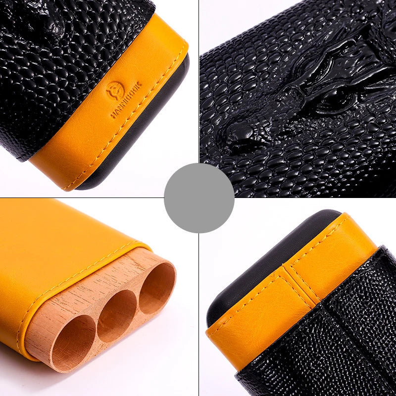 Black dragon leather cigar case with sleeve removed showing three grooves