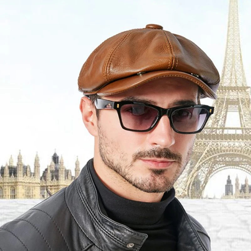 Genuine Cowhide Newsboy Cap - Octagonal Black Leather - Corletaria