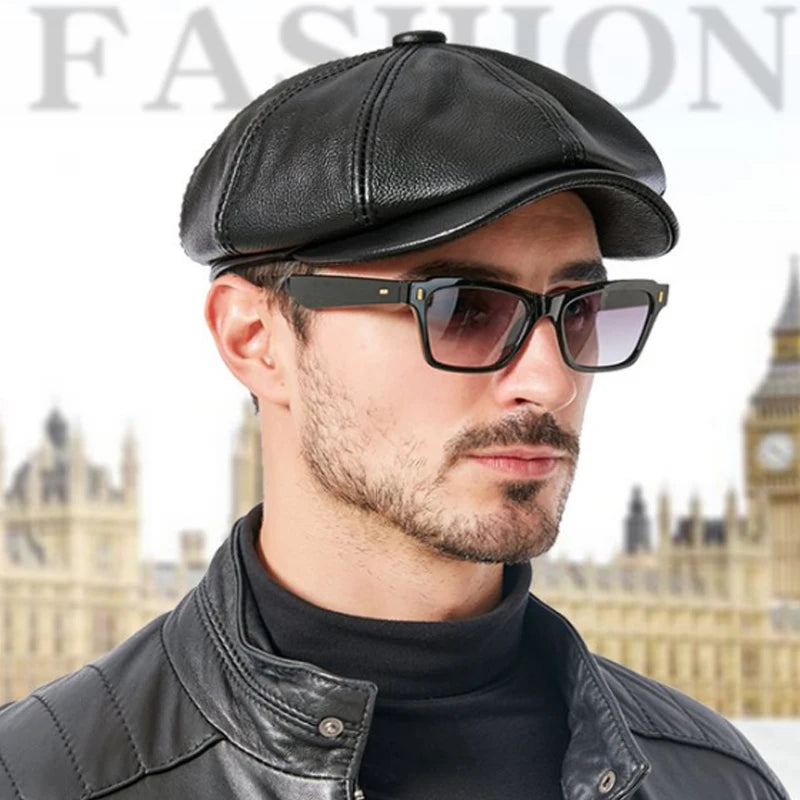 Genuine Cowhide Newsboy Cap - Octagonal Black Leather - Corletaria