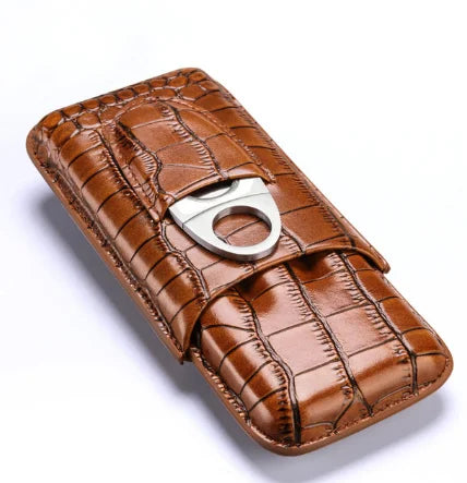 “Gift-box presentation of CE-013 leather cigar case, black and brown finishes