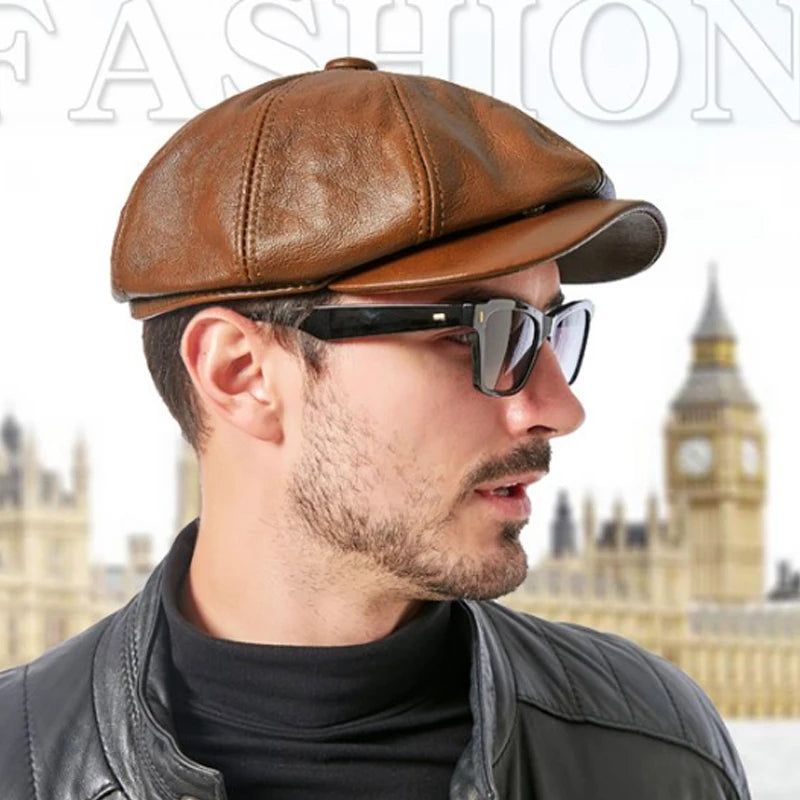 Genuine Cowhide Newsboy Cap - Octagonal Black Leather - Corletaria