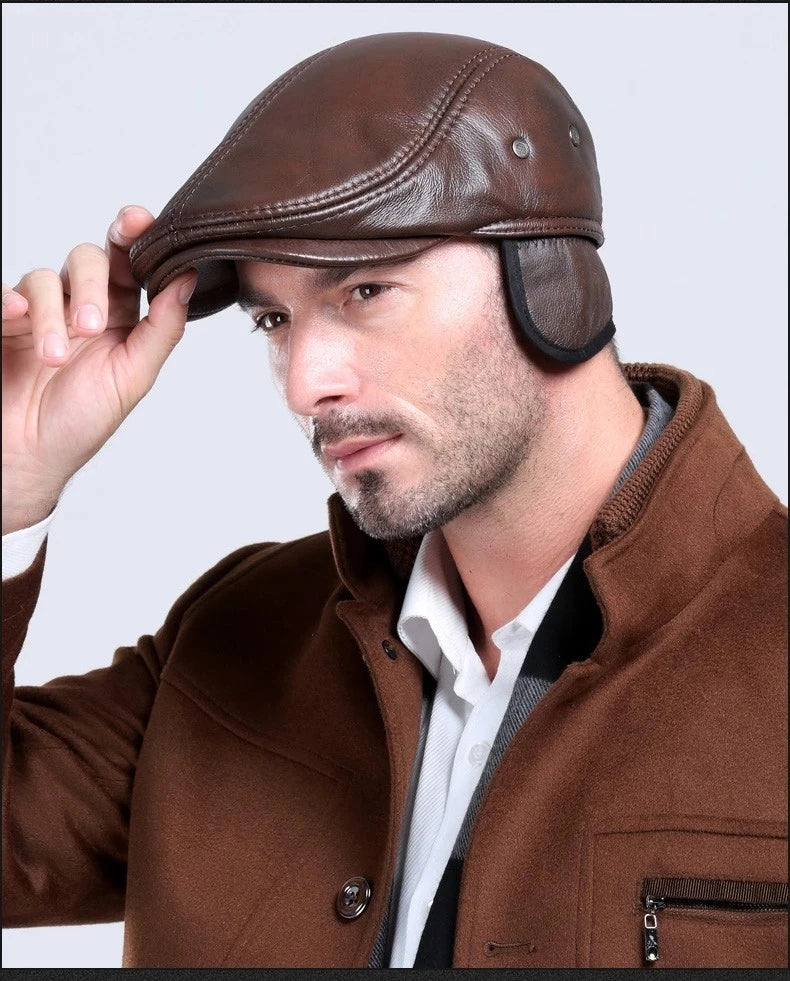 Leather Flat Cap - Cowhide Earflap - Corletaria