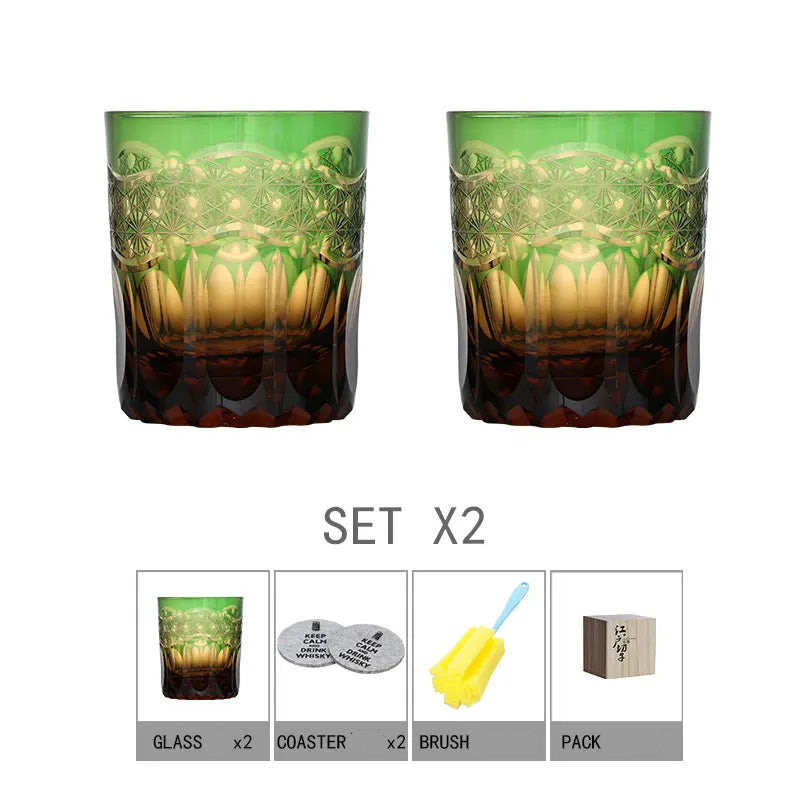 Chamvin “Edo Kiriko Stellar Pulse” Whiskey Glass – Hand-Carved Lead-Free Crystal, Thick Base, Wooden Gift Box (250 ml)