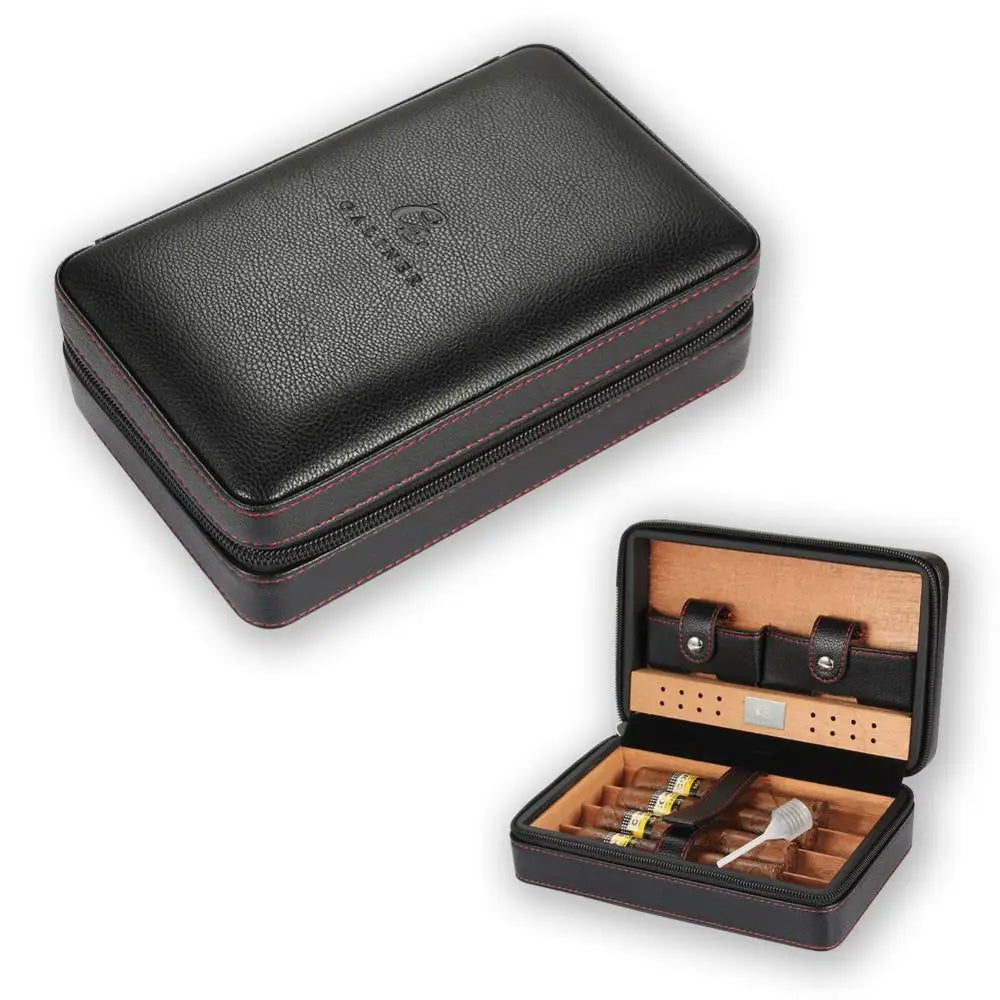 Leather Cigar Humidor Travel Case – Cedar Wood 4-Cigar Holder by GALINER