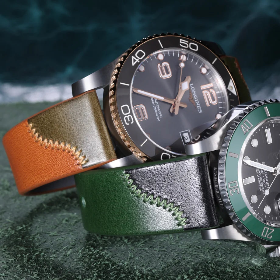 Vintage Leather Watch Strap - Two Tone Full Grain Cowhide, Quick Release Butterfly Clasp