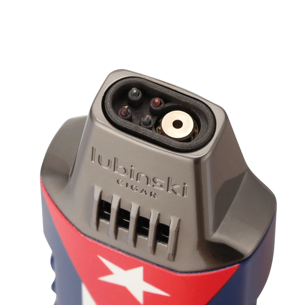 Blue jet flame from Lubinski torch lighter showing strong windproof firepower