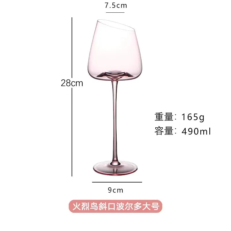 Pink Crystal Wine Glass - Slanted Bowl Goblet - Corletaria