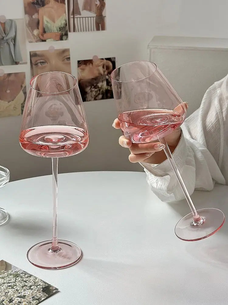 Pink Crystal Wine Glass - Slanted Bowl Goblet - Corletaria