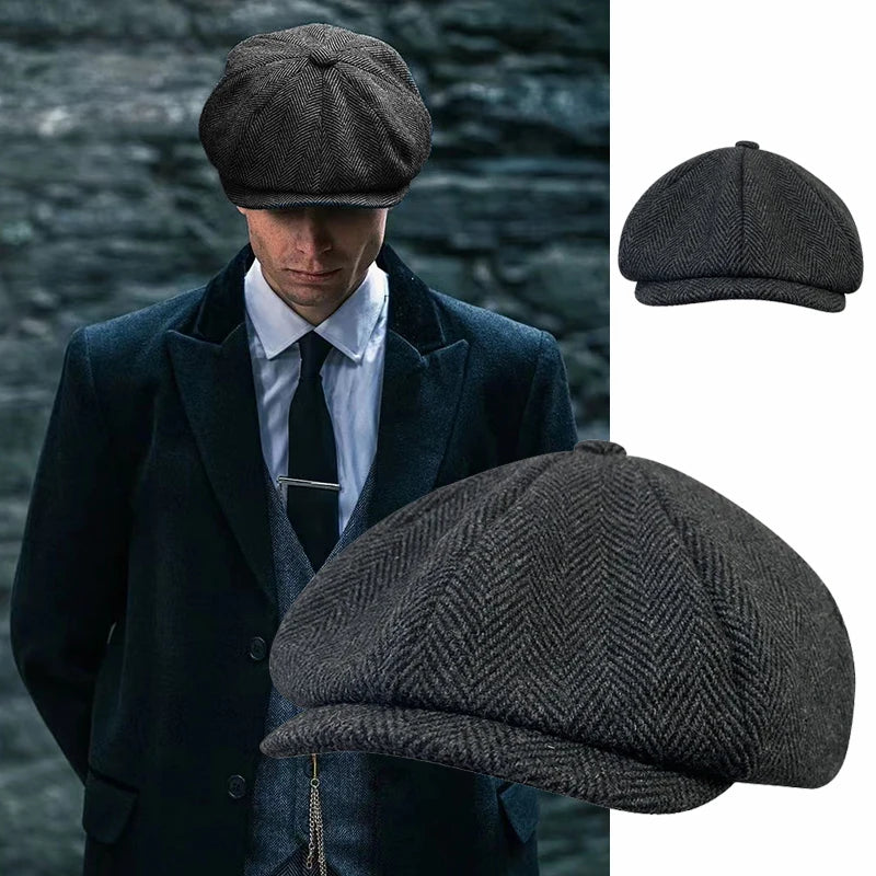 Herringbone Newsboy Cap - British Wool Blend, Octagonal Cut - Corletaria