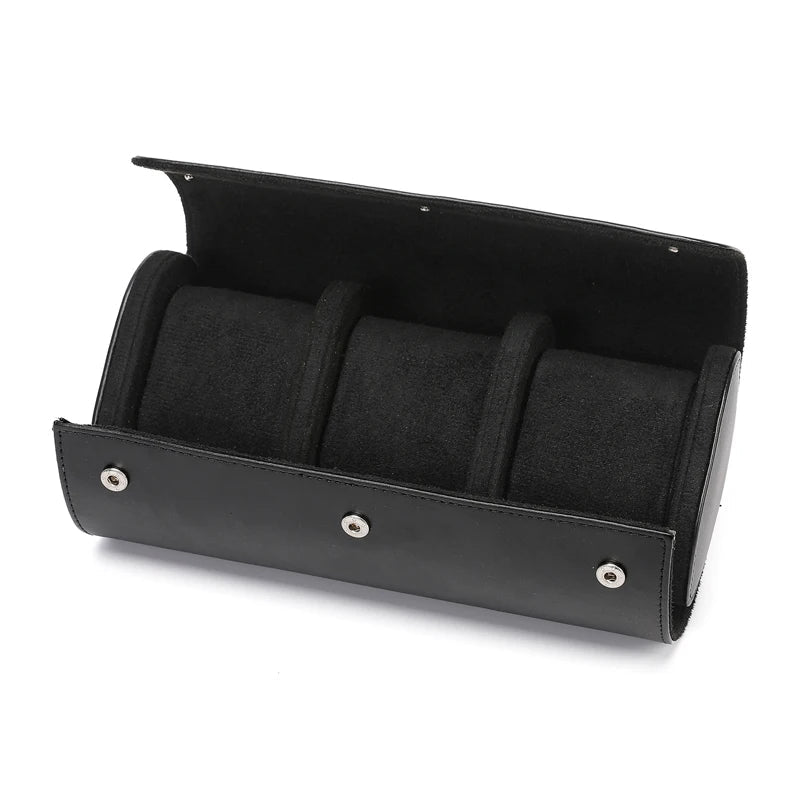 Black leather watch rolls with open single-slot module