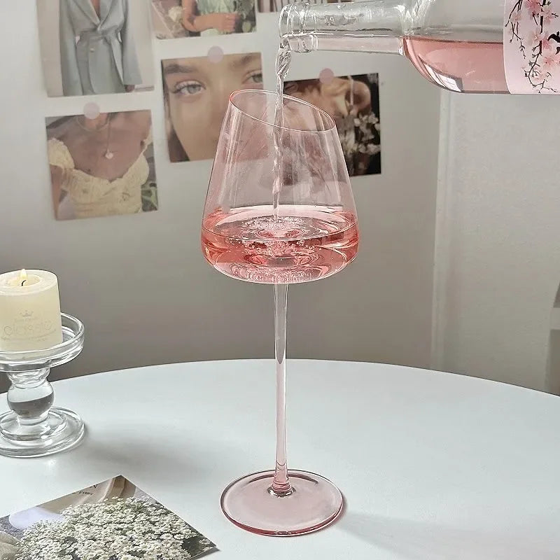 Pink Crystal Wine Glass - Slanted Bowl Goblet - Corletaria