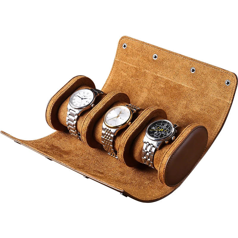 Black leather watch rolls with open single-slot module