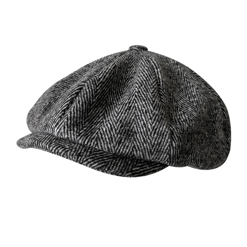 Herringbone Newsboy Cap - British Wool Blend, Octagonal Cut - Corletaria