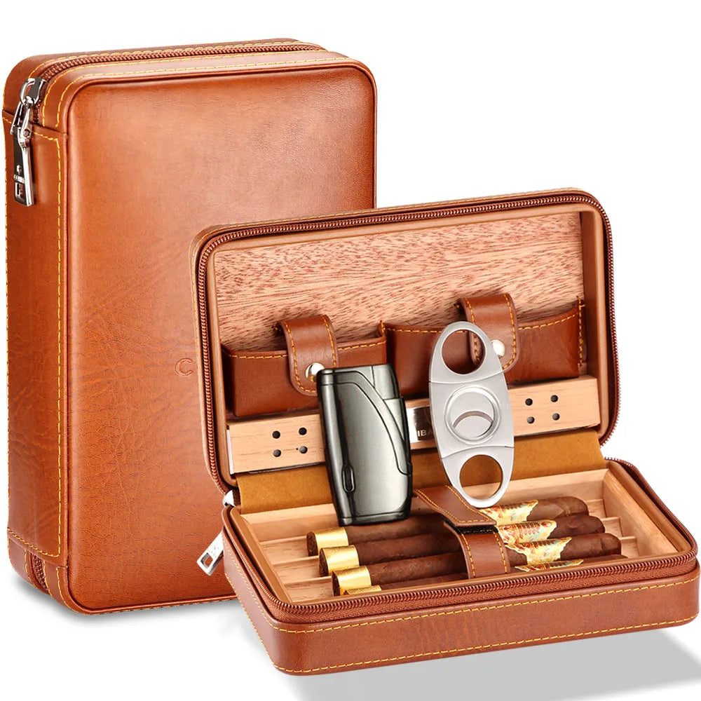 Travel Cigar Humidor – Leather Cedar-Lined 4-Cigar Case Set with Torch Lighter & Cutter – Corletaria