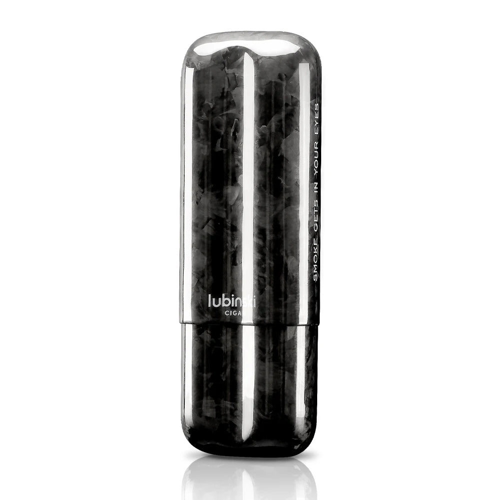 Closed and open views of forged-carbon look Lubinski 3-channel cigar case