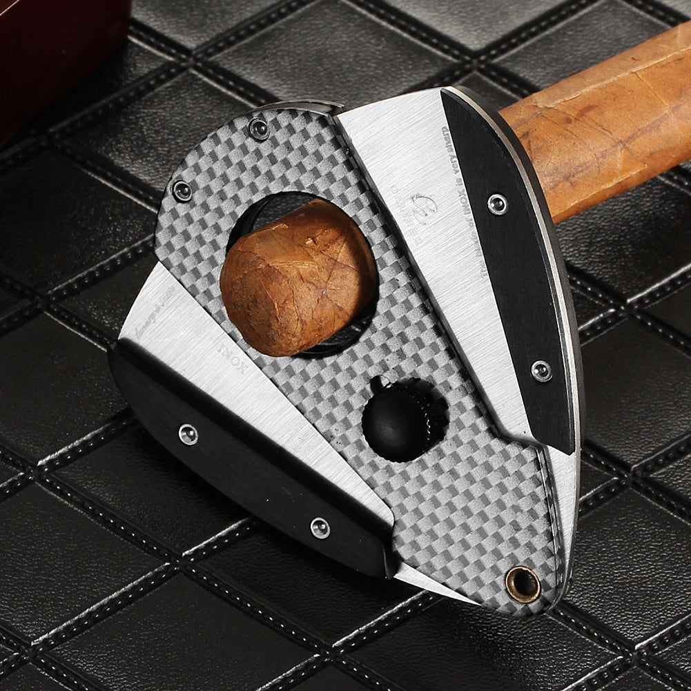Carbon-fiber finish GALINER guillotine cutter slicing a cigar