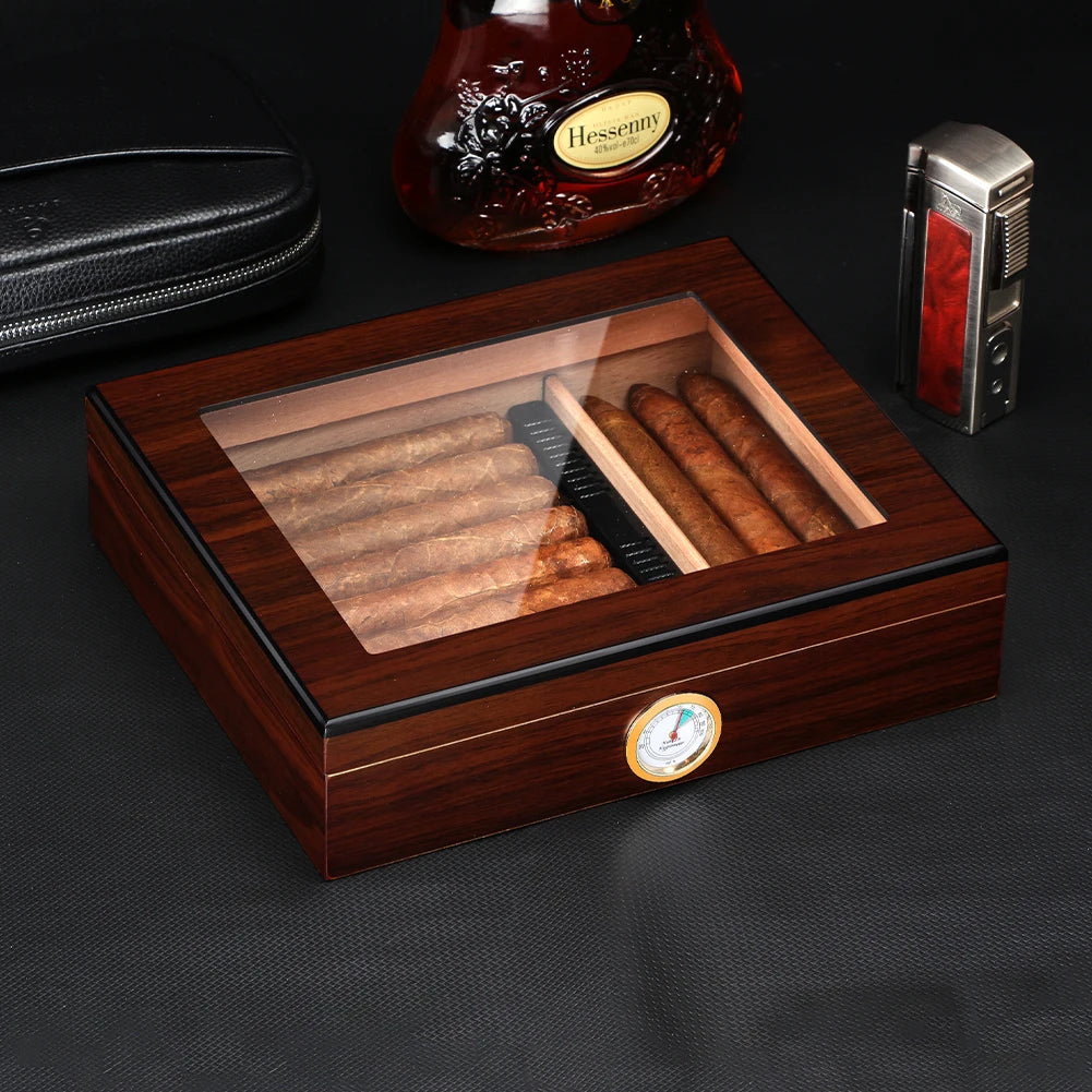 Cedar humidor open showing large capacity for cigars with divider