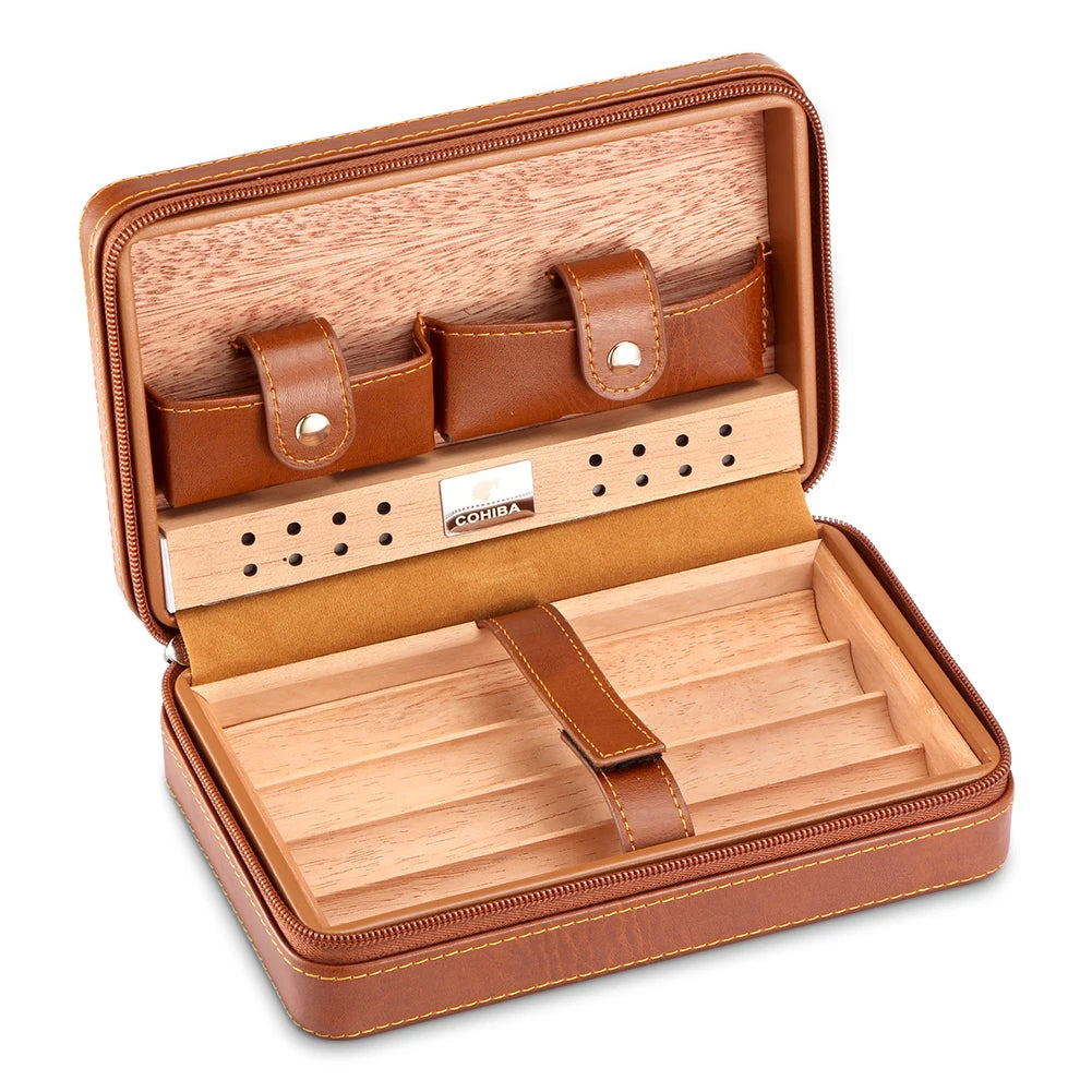 Cedar 4-cigar travel humidor loaded with cigars inside brown leather case