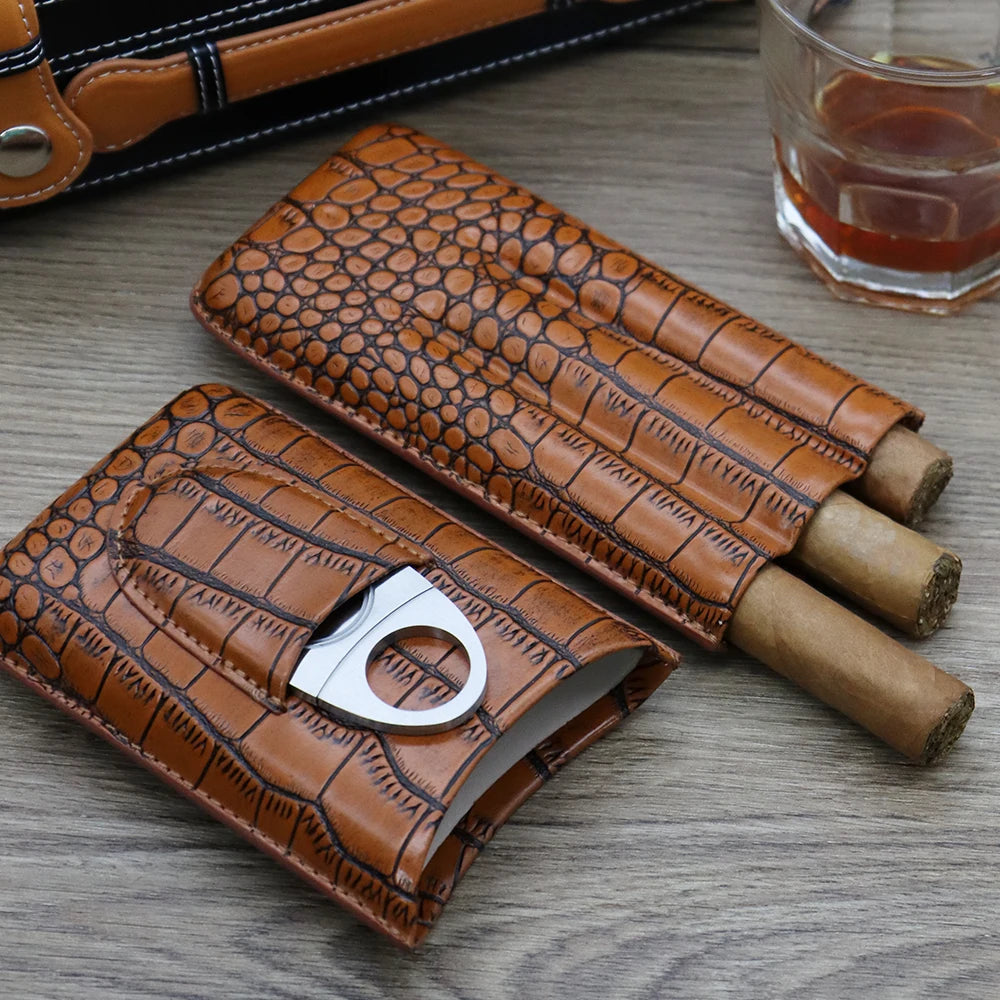 Side view showing slim 179×90×30 mm profile of 3-cigar case