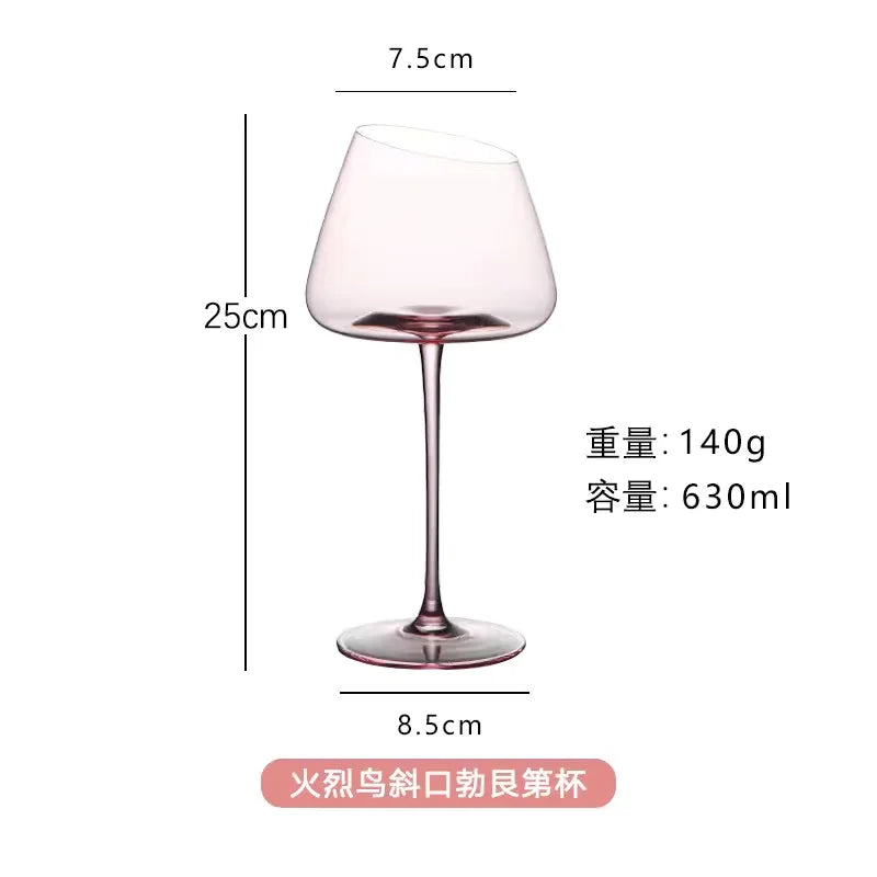 Pink Crystal Wine Glass - Slanted Bowl Goblet - Corletaria