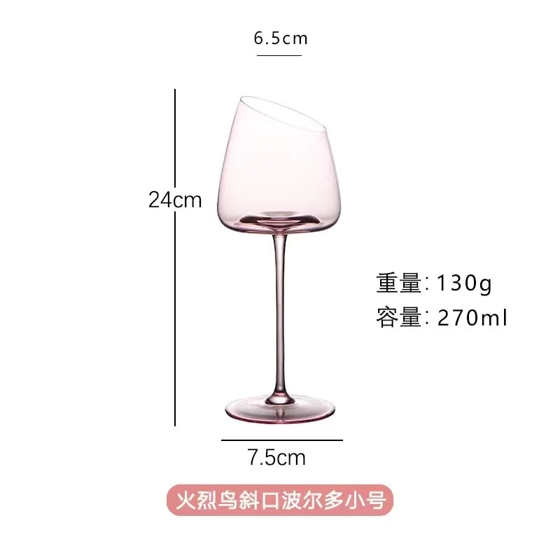 Pink Crystal Wine Glass - Slanted Bowl Goblet - Corletaria