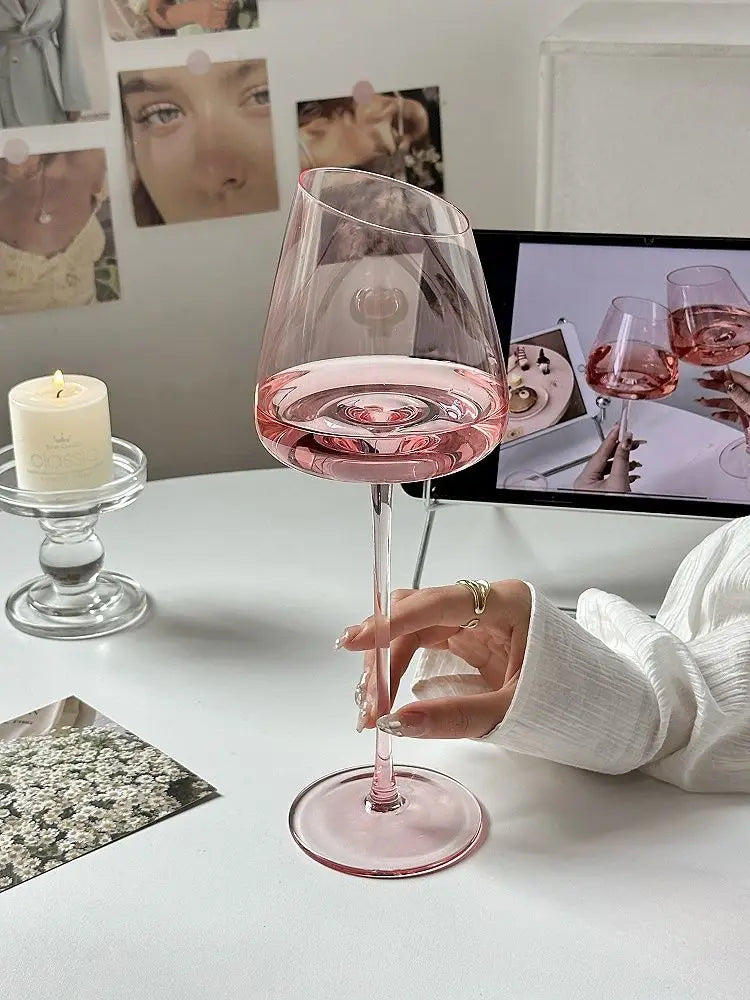 Pink Crystal Wine Glass - Slanted Bowl Goblet - Corletaria