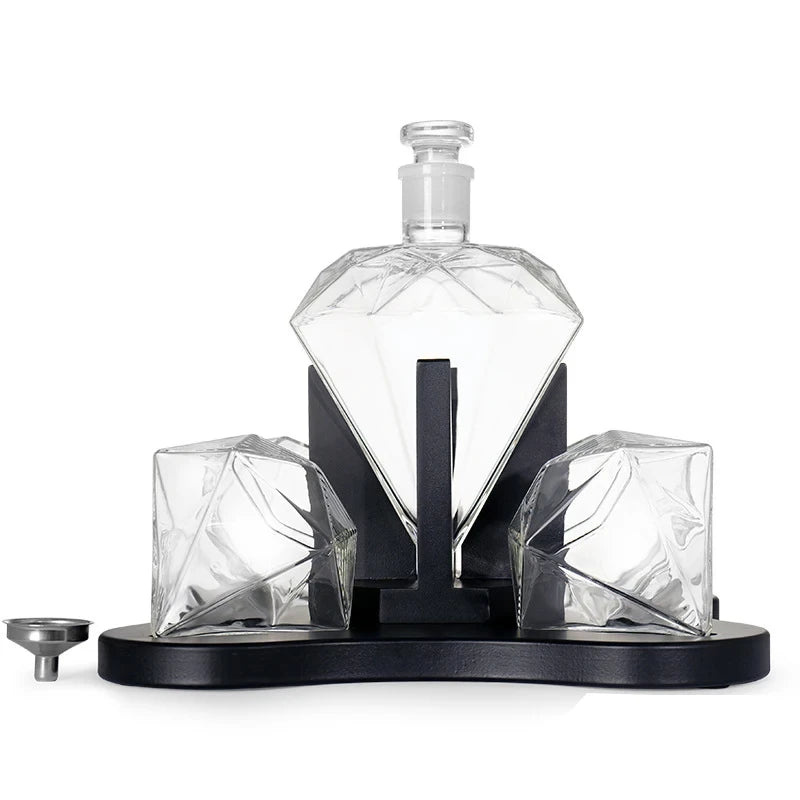 Diamond Whiskey Decanter Set - Lead Free Glass, Mahogany Stand - Corletaria