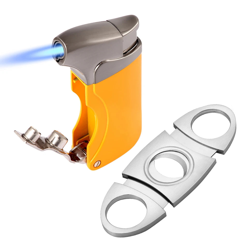 Blue torch flame close-up from zinc alloy cigar lighter — windproof high-pressure jet.