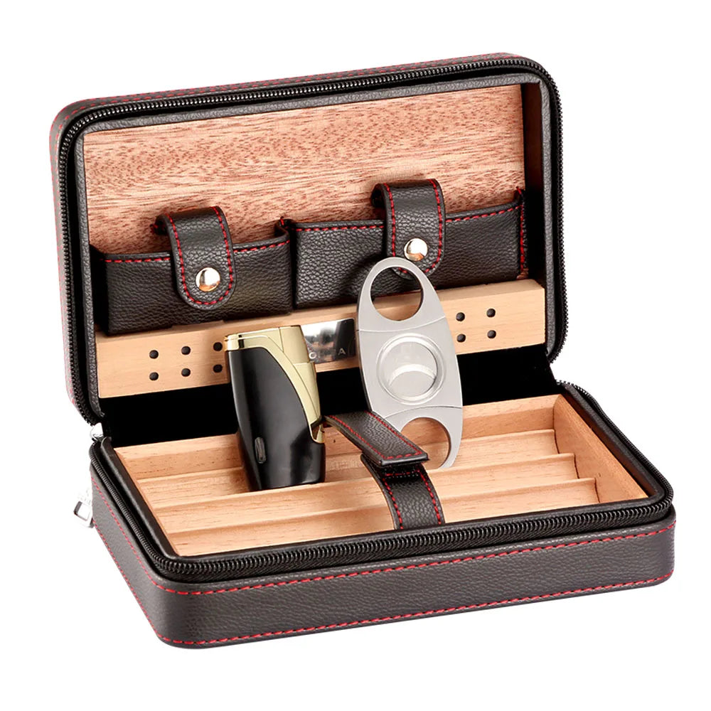 Travel Cigar Humidor – Leather Cedar-Lined 4-Cigar Case Set with Torch Lighter & Cutter – Corletaria