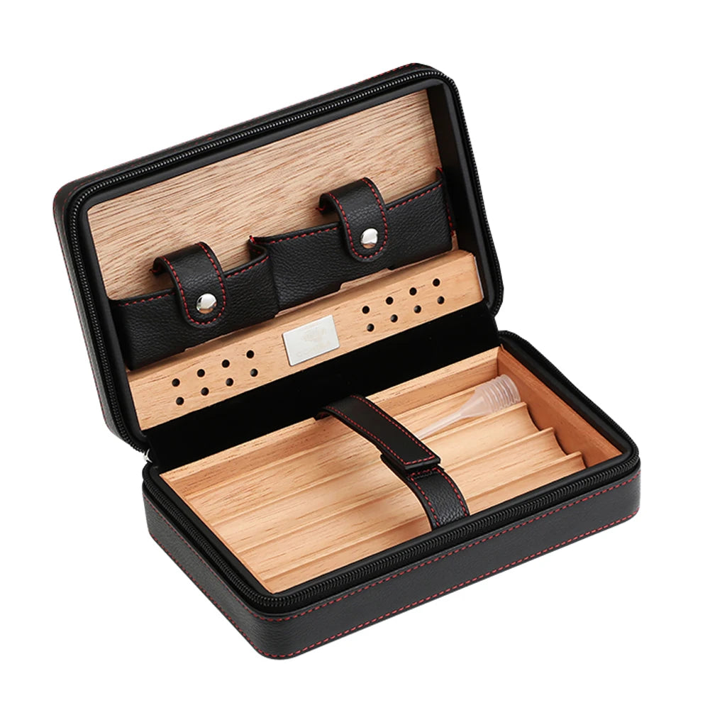Leather travel cigar humidor in black with Spanish cedar tray and accessories sleeves open