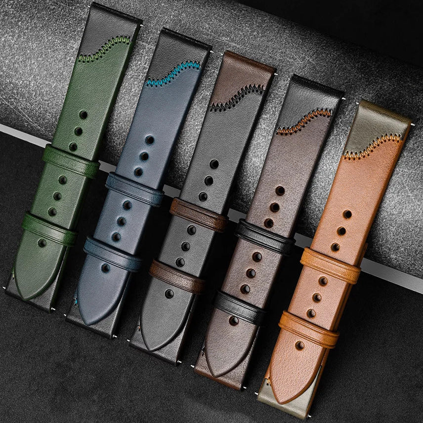 Vintage Leather Watch Strap - Two Tone Full Grain Cowhide, Quick Release Butterfly Clasp