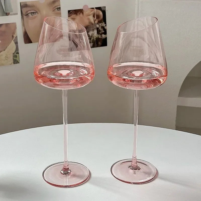Pink Crystal Wine Glass - Slanted Bowl Goblet - Corletaria