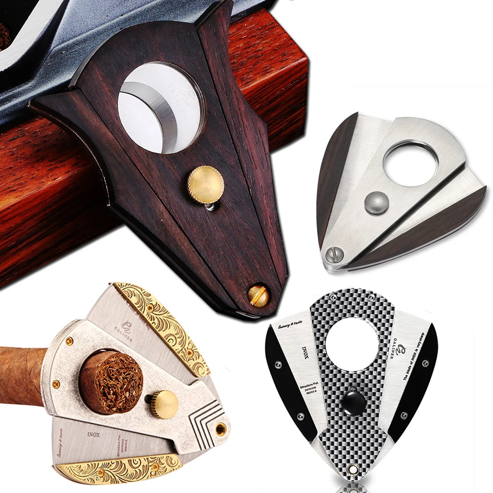 GALINER stainless-steel guillotine cigar cutter with wood inlays, front view