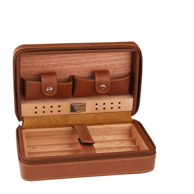Leather Cigar Humidor Travel Case – Cedar Wood 4-Cigar Holder by GALINER