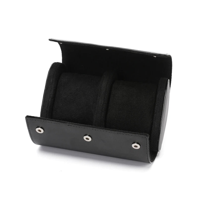 Black leather watch rolls with open single-slot module