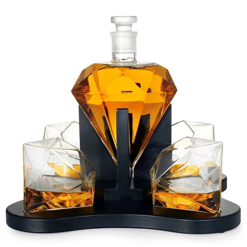 Diamond Whiskey Decanter Set - Lead Free Glass, Mahogany Stand - Corletaria
