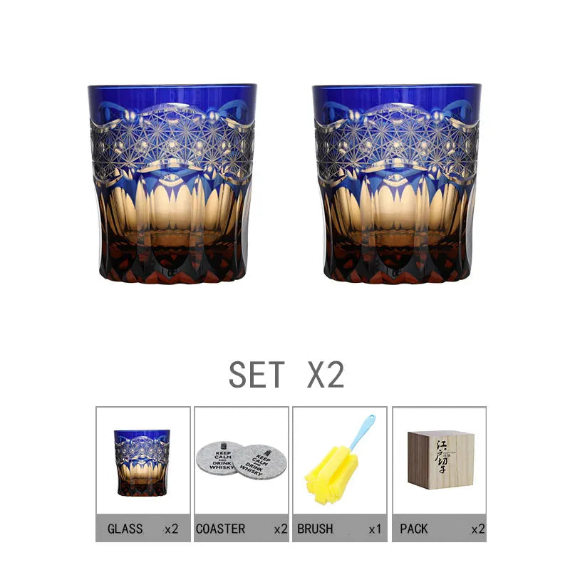 Chamvin “Edo Kiriko Stellar Pulse” Whiskey Glass – Hand-Carved Lead-Free Crystal, Thick Base, Wooden Gift Box (250 ml)