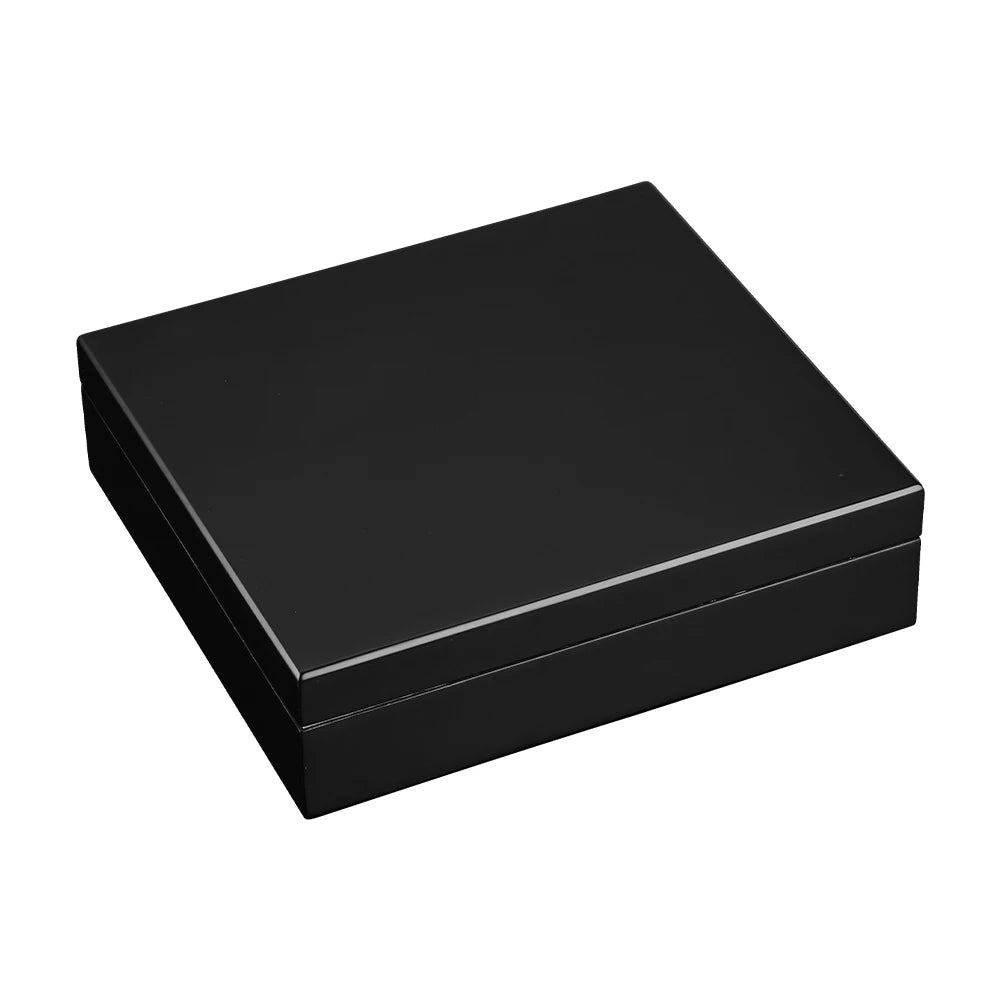 Black exterior humidor with glass-top variant showing cigars and digital hygrometer