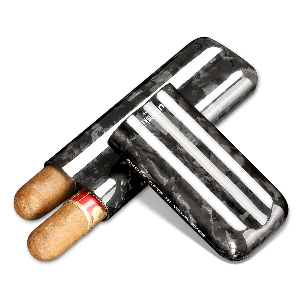 Closed and open views of forged-carbon look Lubinski 3-channel cigar case