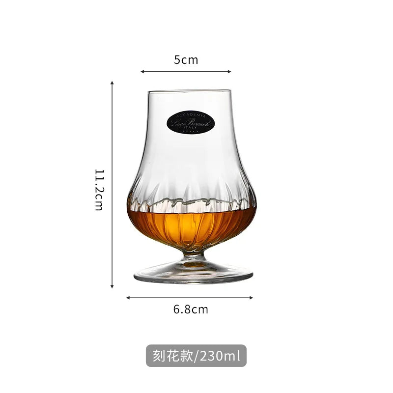 Hand tilting tulip-shaped nosing glass to release aromas during tasting