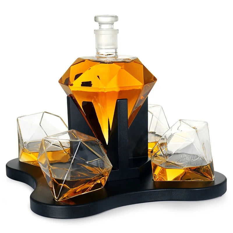 Diamond Whiskey Decanter Set - Lead Free Glass, Mahogany Stand - Corletaria