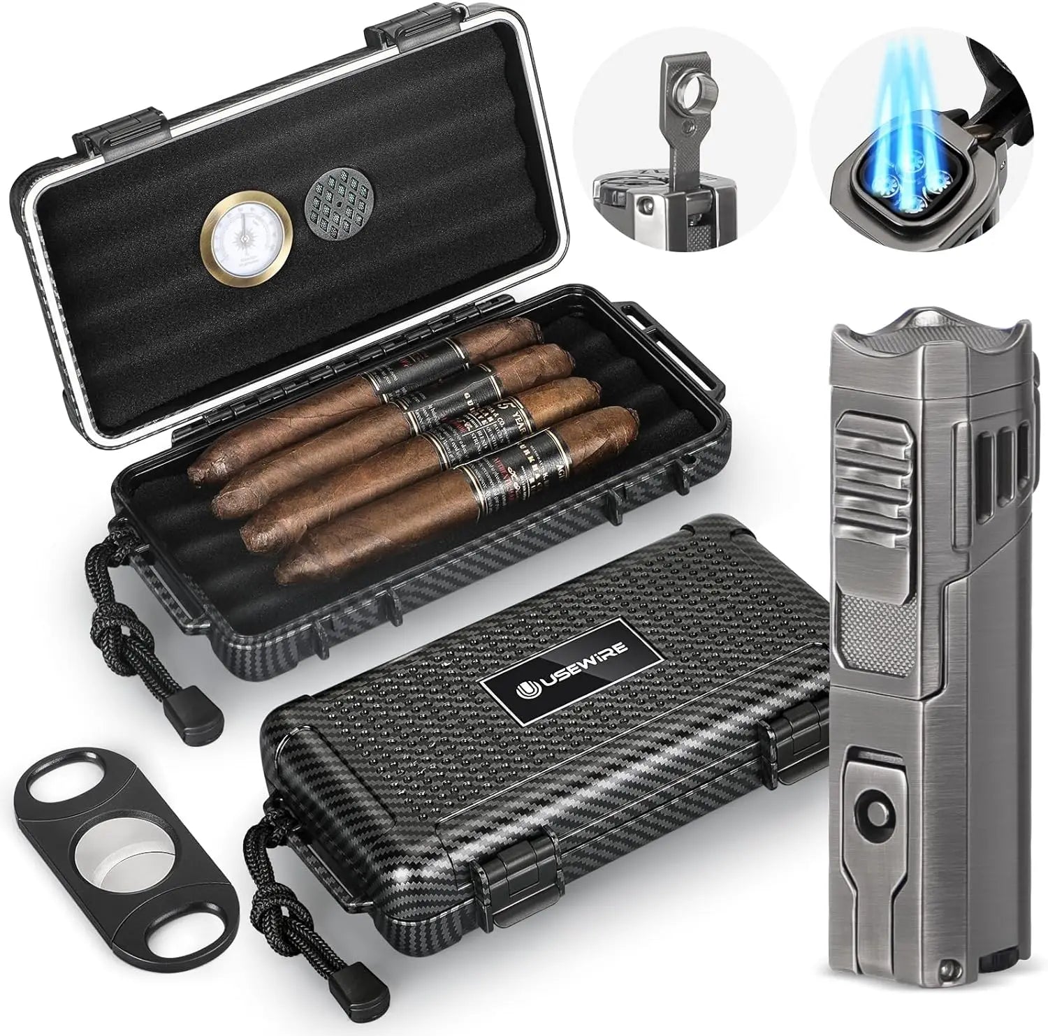 Travel Cigar Humidor Set - ABS Case and Quad Torch Lighter - Corletaria