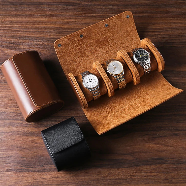 Set of leather watch rolls showing 1-slot and 3-slot travel cases